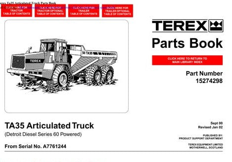 Terex TA35 Articulated Truck Parts Catalog Manual Instant Download
