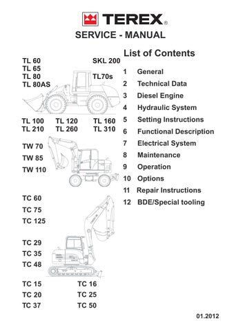 Terex TL 100, 120, 160, 210, 260, 310 Workshop Service Repair Manual Instant Download