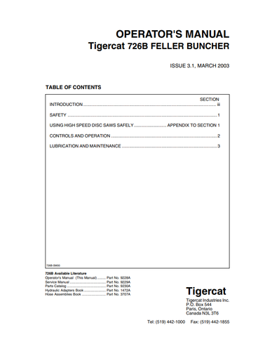 TIGERCAT 726B FELLER BUNCHER OPERATOR/USER MANUAL (7261001-7261999) - PDF FILE DOWNLOAD