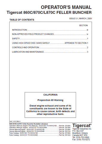 TIGERCAT 860C FELLER BUNCHER OPERATOR MANUAL