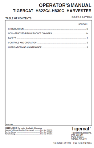 TIGERCAT H822C HARVESTER USER MANUAL