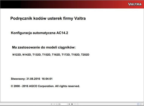 Discover the VALTRA Automation Configuration AC14.2 Service Code Manual, a comprehensive PDF guide designed for professionals seeking to optimize their Valtra machinery. This manual provides detailed insights into the automation configuration process, ensuring you have the knowledge to enhance performance and efficiency.