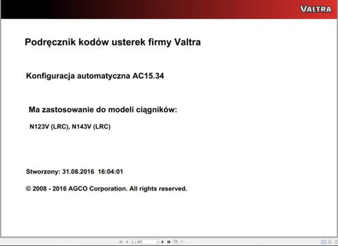 Discover the VALTRA Automation Configuration AC15.34 Service Code Manual, a comprehensive PDF guide designed for professionals seeking to optimize their Valtra machinery. This manual provides detailed insights into the automation configuration process, ensuring you have the knowledge to enhance performance and efficiency.