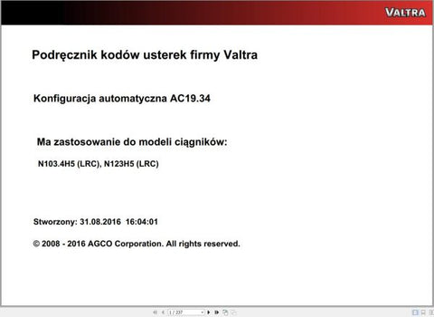 Discover the VALTRA Automation Configuration AC19.34 Service Code Manual, a comprehensive PDF guide designed for professionals seeking to optimize their Valtra machinery. This manual provides detailed instructions and insights into the automation configuration process, ensuring you have the knowledge needed to enhance performance and efficiency.