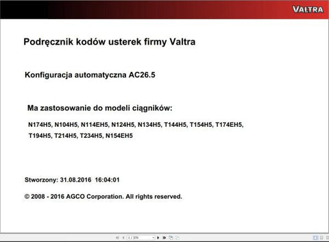 Discover the VALTRA Automation Configuration AC26.5 Service Code Manual, a comprehensive PDF guide designed for professionals seeking to optimize their Valtra machinery. This manual provides detailed instructions and insights into the automation configuration process, ensuring you can effectively manage and troubleshoot your equipment.