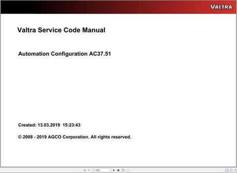 Discover the VALTRA Automation Configuration AC37.51 Service Code Manual, a comprehensive PDF guide designed for professionals seeking to optimize their Valtra machinery. This manual provides detailed instructions and insights into the automation configuration process, ensuring you can effectively manage and troubleshoot your equipment.