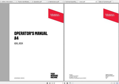 Unlock the full potential of your VALTRA SA tractors with the comprehensive Workshop Service Manual for models A74S, A84S, and A94S. This PDF file is an essential resource for both seasoned mechanics and DIY enthusiasts, providing detailed insights into maintenance, troubleshooting, and repair procedures tailored specifically for your tractor.