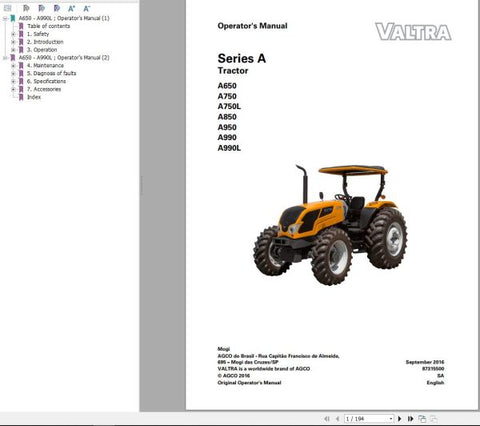 Discover the essential guide for your Valtra Tractor with the A650 to A990L Operator’s Manual in PDF format. This comprehensive manual is designed to provide you with all the necessary information to operate and maintain your tractor efficiently, ensuring optimal performance in the field.