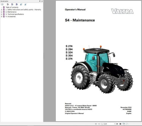 VALTRA TRACTOR S274 TO S374 OPERATOR’S MANUAL - PDF FILE