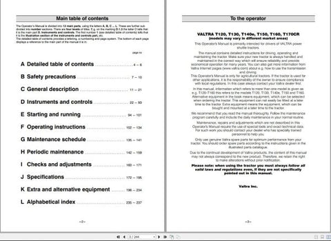 Discover the essential VALTRA TRACTOR T120 TO T170CR OPERATOR’S MANUAL (39818215) in a convenient PDF format. This comprehensive guide is designed to enhance your understanding and operation of your Valtra tractor, ensuring you get the most out of your investment.