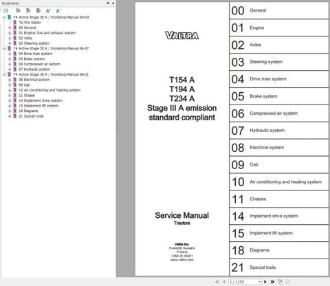 Unlock the full potential of your Valtra Tractor with the comprehensive T154A, T194A, and T234A Stage IIIA Service Manual (PDF File). This essential guide is designed to provide you with detailed insights and step-by-step instructions for maintenance and repairs, ensuring your tractor operates at peak performance.