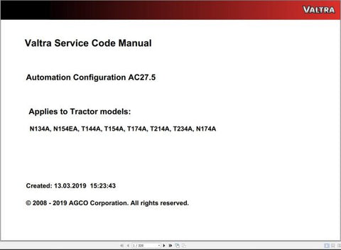 Discover the VALTRA Automation Configuration AC27.5 Service Code Manual, a comprehensive PDF guide designed for professionals seeking to optimize their Valtra machinery. This manual provides detailed instructions and insights into the automation configuration process, ensuring you can effectively manage and troubleshoot your equipment.
