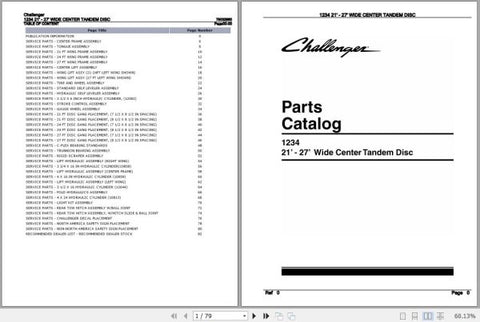 Enhance your equipment maintenance with the CHALLENGER WIDE CENTER TANDEM DISC 1234 21 – 27 Spare Parts Catalogue Manual (79032960). This comprehensive PDF file serves as an essential resource for identifying and sourcing the right spare parts for your tandem disc, ensuring optimal performance and longevity. With detailed diagrams and part numbers, you can easily navigate through the components, making repairs and replacements straightforward and efficient. Invest in this manual to keep your machinery runni