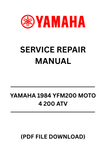 Unlock the full potential of your 1984 Yamaha YFM200 Moto 4 200 ATV with our comprehensive Service Repair Manual. This PDF file is an essential resource for both novice and experienced mechanics, providing detailed instructions and diagrams to guide you through every repair and maintenance task.
