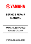 Unlock the full potential of your Yamaha TZR125 and DT125R with our comprehensive Service Repair Manual, covering models from 1987 to 2002. This PDF file is an essential resource for both seasoned mechanics and DIY enthusiasts, providing detailed instructions and diagrams to ensure your motorcycle runs smoothly and efficiently.