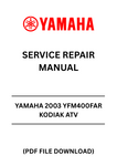 Unlock the full potential of your 2003 Yamaha YFM400FAR Kodiak ATV with our comprehensive Service Repair Manual. This PDF file is an essential resource for both novice and experienced mechanics, providing detailed instructions and diagrams to ensure your ATV runs smoothly and efficiently.