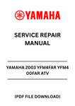 Unlock the full potential of your 2003 Yamaha YFM4FAR YFM400FAR ATV with our comprehensive Service Repair Manual in PDF format. This essential guide is designed to provide you with detailed instructions, diagrams, and troubleshooting tips to keep your ATV running smoothly and efficiently.