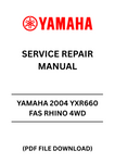 Unlock the full potential of your YAMAHA 2004 YXR660 FAS RHINO with our comprehensive 4WD Service Repair Manual. This PDF file is designed to provide you with detailed instructions and insights, ensuring that you can maintain and repair your vehicle with confidence. Whether you're a seasoned mechanic or a DIY enthusiast, this manual is an essential resource for keeping your Rhino in peak condition.
