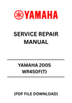 Unlock the full potential of your YAMAHA 2005 WR450F(T) with our comprehensive Service Repair Manual in PDF format. This essential guide provides detailed instructions and diagrams, ensuring you have everything you need for effective maintenance and repairs. Whether you're a seasoned mechanic or a DIY enthusiast, this manual is designed to simplify your service tasks.