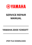 Unlock the full potential of your 2005 Yamaha YZ450F with our comprehensive Service Repair Manual in PDF format. This essential guide provides detailed instructions and diagrams, ensuring you have everything you need for maintenance, repairs, and troubleshooting. Whether you're a seasoned mechanic or a DIY enthusiast, this manual is designed to simplify your repair process.