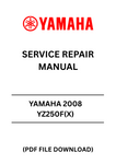 Unlock the full potential of your 2008 Yamaha YZ250F(X) with our comprehensive Service Repair Manual in PDF format. This essential guide is designed for both seasoned mechanics and DIY enthusiasts, providing detailed instructions and diagrams to ensure your bike runs at its best.