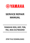 Unlock the full potential of your Yamaha outboard motor with the comprehensive YAMAHA 50G, 60F, 70B, 75C, 90A Outboard Service Repair Manual. This expertly crafted PDF file is your go-to resource for detailed maintenance and repair instructions, ensuring your engine runs smoothly and efficiently for years to come.