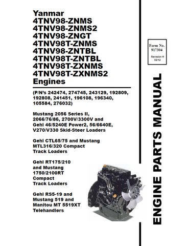 Yanmar 4TNV98-ZNMS, 4TNV98-ZNMS2 - 4TNV98T-ZXNMS2 Engine Parts Catalogue Manual (917304) - PDF File