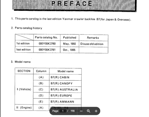 Yanmar B7 Crawler Backhoe Parts Catalogue Manual