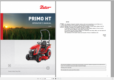 Unlock the full potential of your Zetor Tractor Primo HT, 20 (2020) with our comprehensive Operator’s Manual in PDF format. This essential guide provides detailed instructions and insights to help you operate and maintain your tractor efficiently,