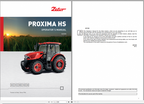 Discover the comprehensive ZETOR TRACTOR PROXIMA HS Operator’s Manual, designed specifically for models 80, 90, 100, 110, and 120 from the 2018 series. This PDF file serves as an essential resource for both new and experienced operators,