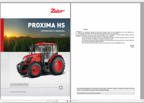 Discover the comprehensive ZETOR TRACTOR PROXIMA HS Operator’s Manual, designed specifically for models 80, 90, 100, 110, and 120 from 2018. This PDF file serves as an essential resource for both new and experienced operators,