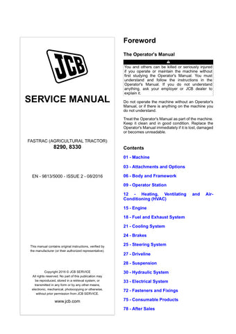 JCB 8290, 8330 FASTRAC SERVICE MANUAL - 9813/5000