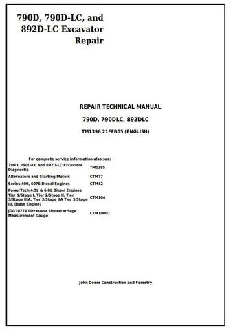 This is an Original factory Service And Repair Manual for John Deere 790D, 790D-LC, and 892D-LC Excavator. Contains High Quality Images, Circuit Diagrams and Instructions to Help You to Service And Repair Your Machine. This Manual Can Be Used By Anyone From A First Time Owner/Amateur To A Professional Technician. All Manuals Are Printable, without restrictions, contains Searchable Text and bookmarks.