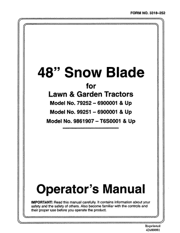 48 Inch Snow Blade For Lawn & Garden Trac.OM 9861907 - New Holland Operator's Manual 42680081 Download PDF - Manual labs