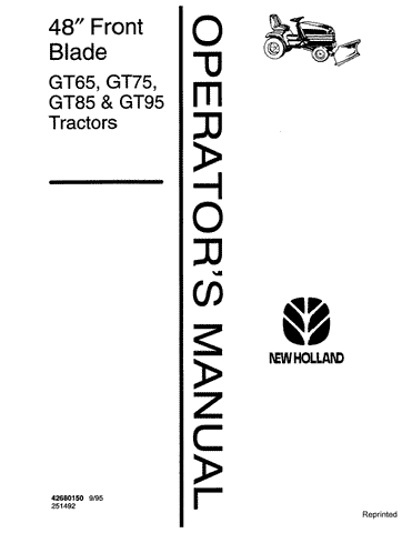 48 Inch Frnt Blade for GT65, GT75, GT85, GT95 Tractors - New Holland Operator's Manual 42680150 Download PDF - Manual labs