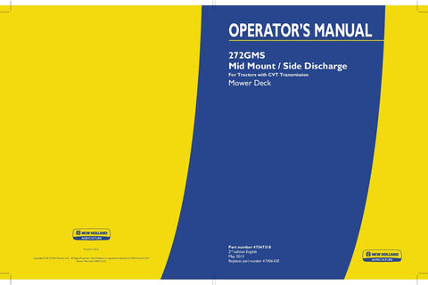 272GMS Mid Mount - Side Discharge Mower Deck - For Tractors with CVT Transmission - New Holland Operator's Manual 47547318 Download PDF - Manual labs