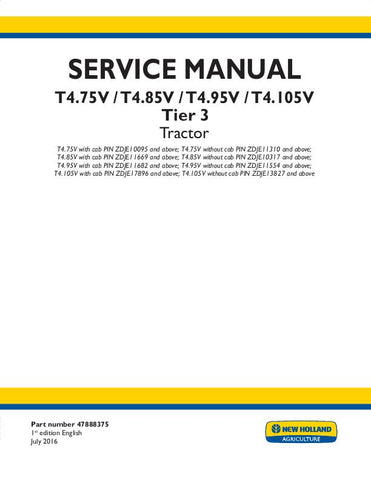 New Holland T4.105V, T4.75V, T4.85V, T4.95V Tractor Service Repair Manual 47888375 - Manual labs