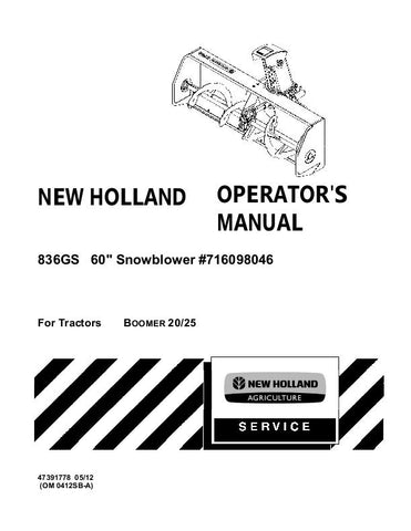 836GS 60 Inch Snowblower - 716098046 - For Tractors Boomer 20-25 - New Holland Operator's Manual 47391778 Download PDF - Manual labs