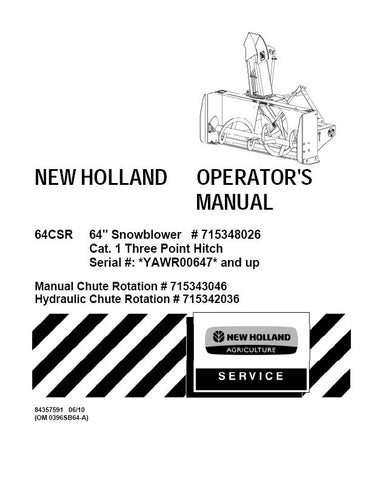 64CSR 64` Snowblower,#715348026- Cat Three Point Hitch Tractor - New Holland Operator's Manual 84357591 Download PDF - Manual labs