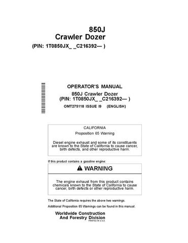 John Deere 850J Crawler Dozer Operator's Manual OMT275118 - Manual labs