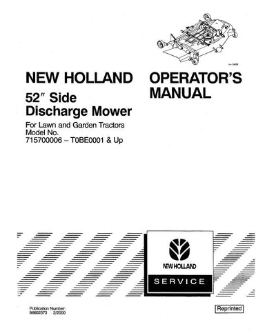 52 Side Discharge Mower for lawn and garden Tractors - New Holland Operator's Manual 86602573 Download PDF - Manual labs