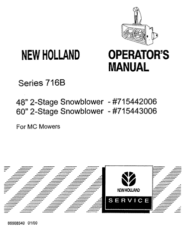 Mc Mowers .716B Series 48 inch and 60 inch Snowblower - New Holland Operator's Manual 86608540 Download PDF - Manual labs