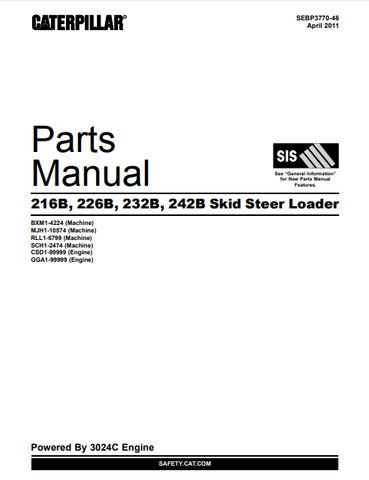 Cat Caterpillar 216B, 226B, 232B, 242B Skid Steer Loader Parts Catalog Manual BXM1-UP, MJH1-UP, RLL1-UP, SCH1-UP - Manual labs