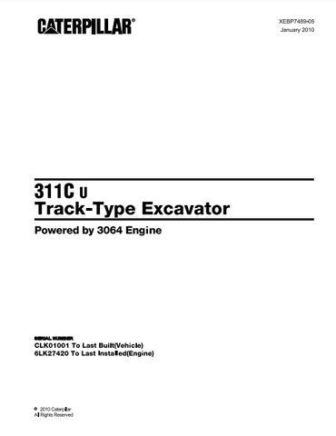 Caterpillar Cat 311CU Track Type Excavator Parts Catalog Manual CLK01001-UP - Manual labs