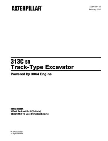 Caterpillar Cat 313C SR Track Type Excavator Parts Catalog Manual WSA1-UP - Manual labs