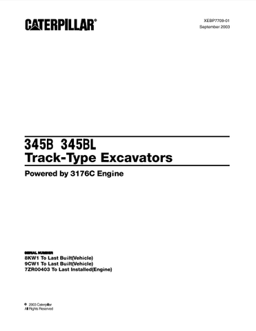Caterpillar Cat 345B, 345BL Track Type Excavator Parts Catalog Manual 8KW, 9CW - Manual labs