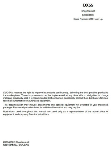 Doosan DX55 Excavator Workshop Service Repair Manual (SN. from 50001) - Manual labs