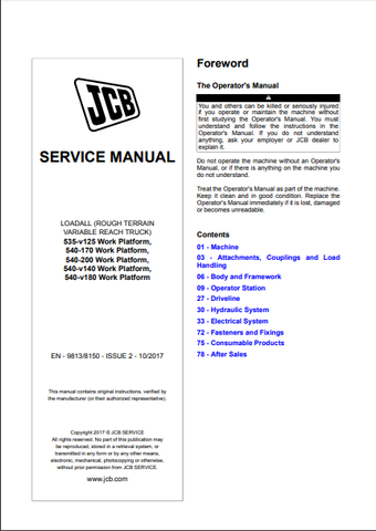 JCB 535-v125 Work Platform, 540-170 Work Platform, 540-200 Work Platform, 540-v140 Work Platform, 540-v180 Work Platform LOADALL Service Repair Manual - Manual labs