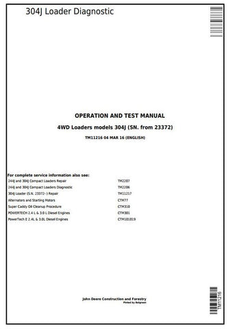 Instant Download PDF For John Deere 304J Loader Operation, Maintenance & Diagnostic Test Service Manual TM11216
