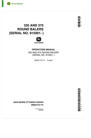 Download PDF For Operator’s Manual For John Deere 335 and 375 Round Balers (SERIAL NO: 915001)